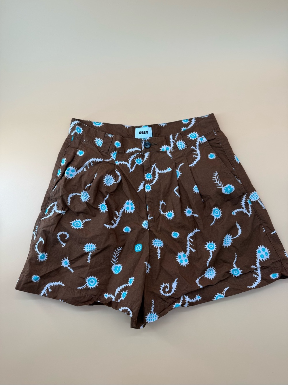 Obey Brown Bermuda‎ Shorts with Turquoise and White Floral Accents